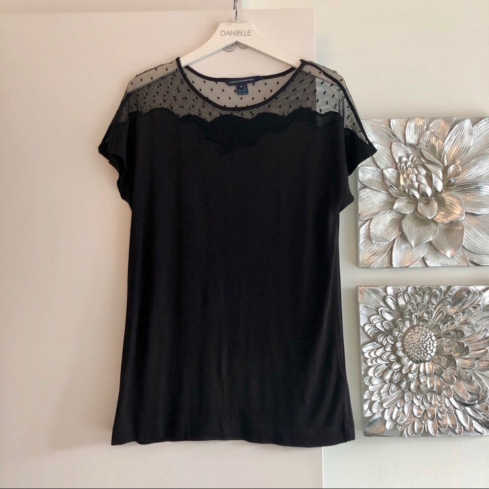 FRENCH CONNECTION Black Mesh Collar T-Shirt